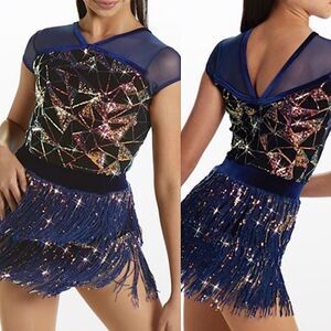 Weissman Dance costume blue sassy fringe sequin dress Misbehave 16291 Adult MA